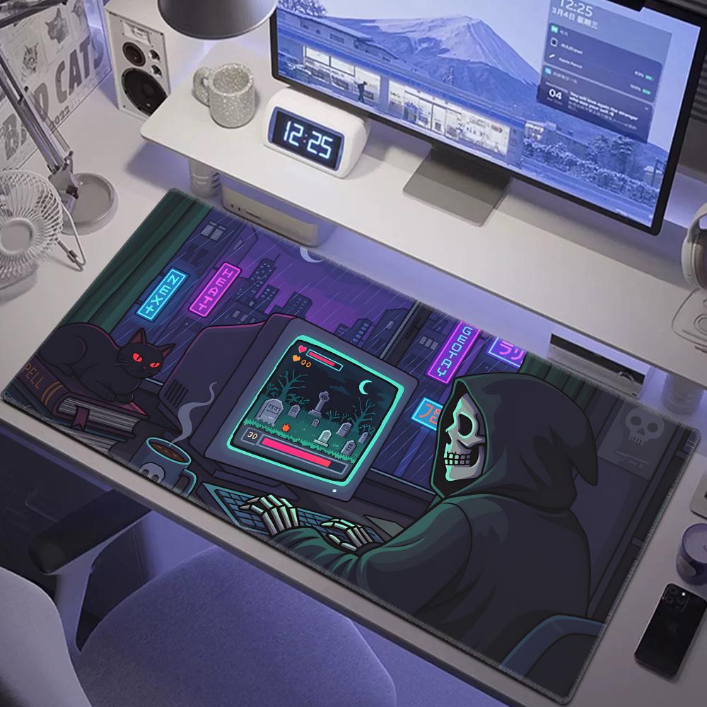 Retro Gaming Desk Setup - HYBXAXC Gemütliche Gamer-Schreibtischunterlage, Gruseliges Pixel-Art-Mauspad, Retro-Gaming-Setup,