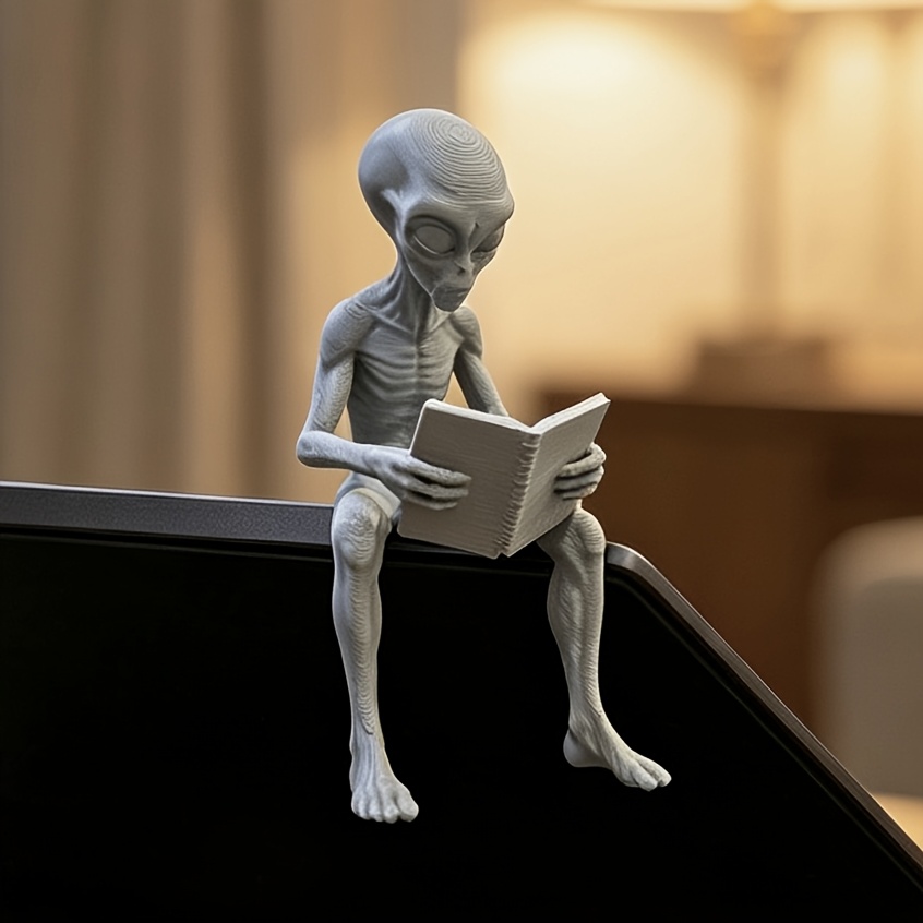 Retro Gaming Desk Setup - Alien-Lesefiguren 3D-Gedruckte Außerirdische Bücherwurm-Statue Neuartige Monitor-Dekoration