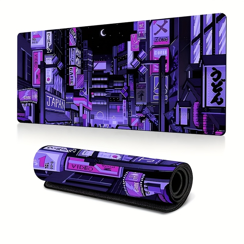 Retro Gaming Desk Setup - XXL Tokyo Street Schreibtischunterlage, lebendiges lila