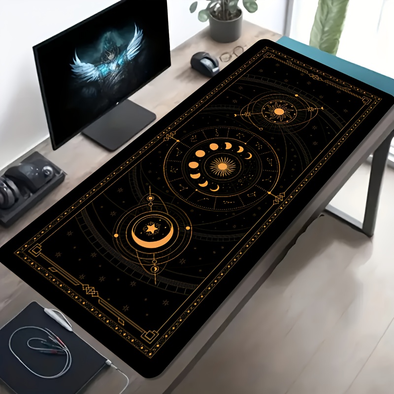 Retro Gaming Desk Setup - Goldene Retro-Tierkreis-Astrologie Schreibtischunterlage Große Rutschfeste Gummi-Mausunterlage